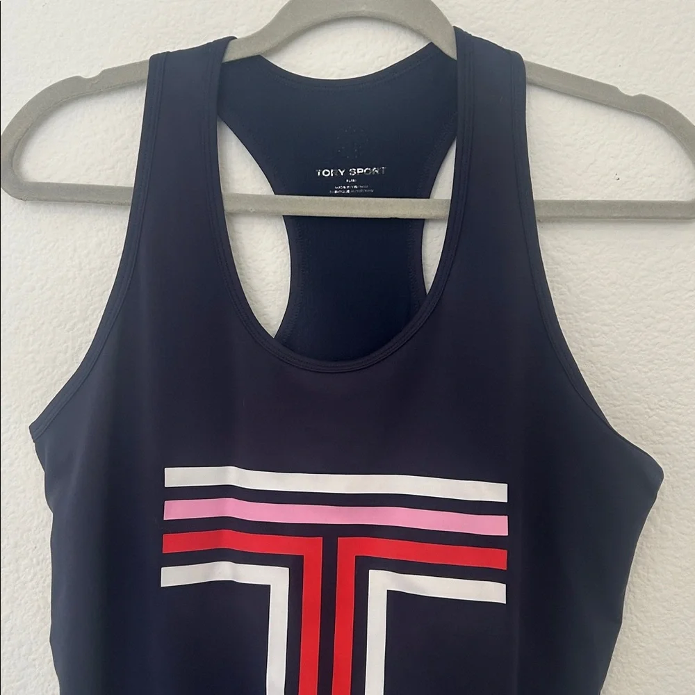 Tory Burch Navy Blue Racerback Tank with Red, Pink & White Logo Stripes - Picture 2 of 5